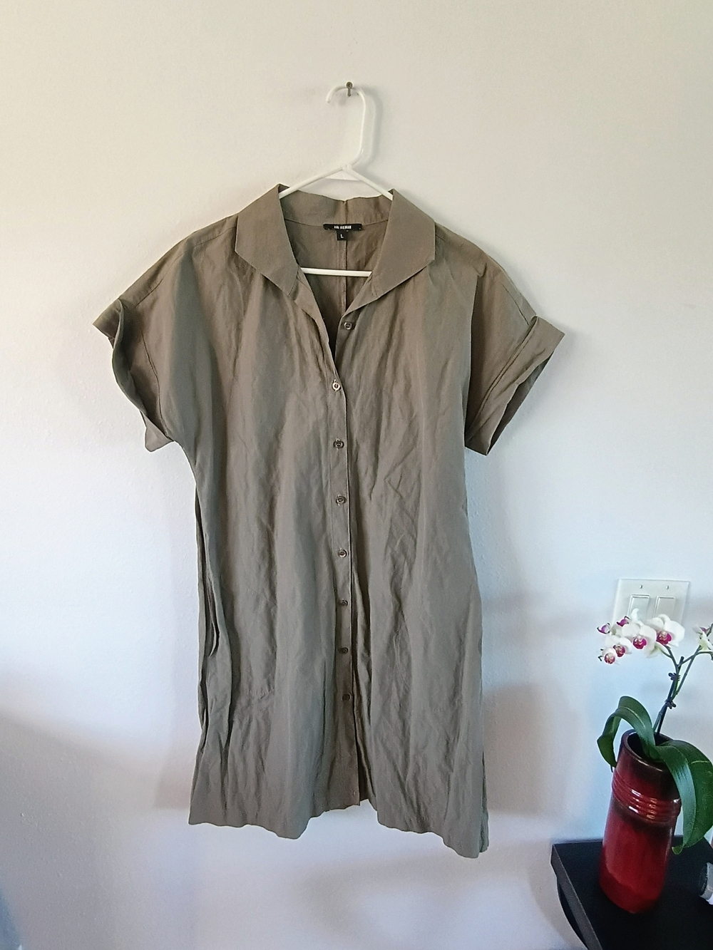 Kal Rieman L Olive Taupe Italy Button Front Shirt Dress Minimalist Chic